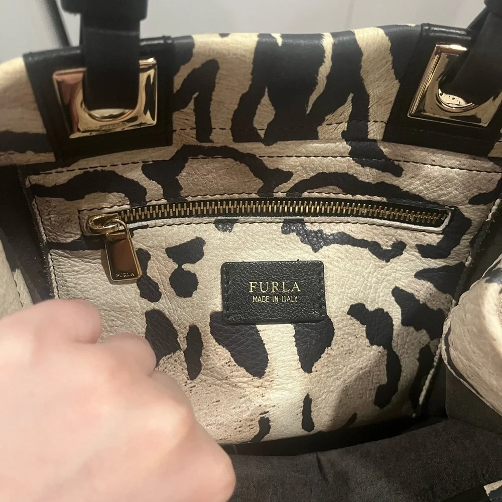 Furla Leopard Print Tote Bag - Black and Tan. Peeling inside***READ